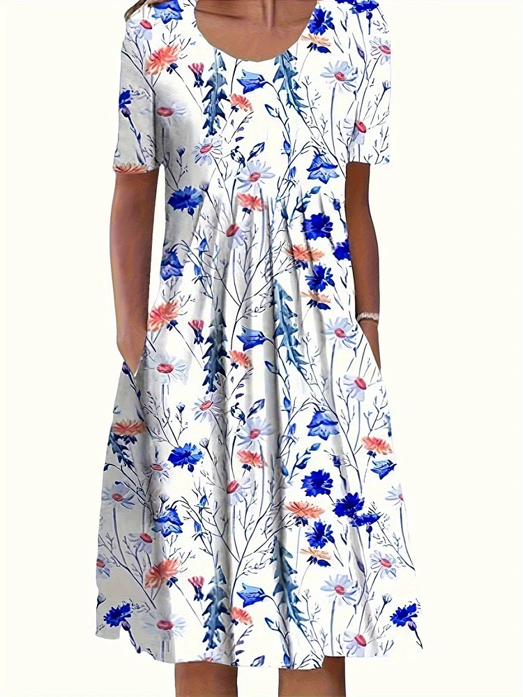 Crew Neck Short-Sleeved Dress, With Dark Blue As The Bottom, Covered With White Leaf Pattern, Wrinkled Design At The Waist, Fresh And Natural Style, Full Of Leisure