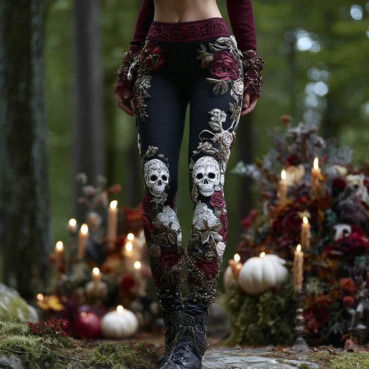 Women's Vintage Rose Skull Art Comfort Leggings