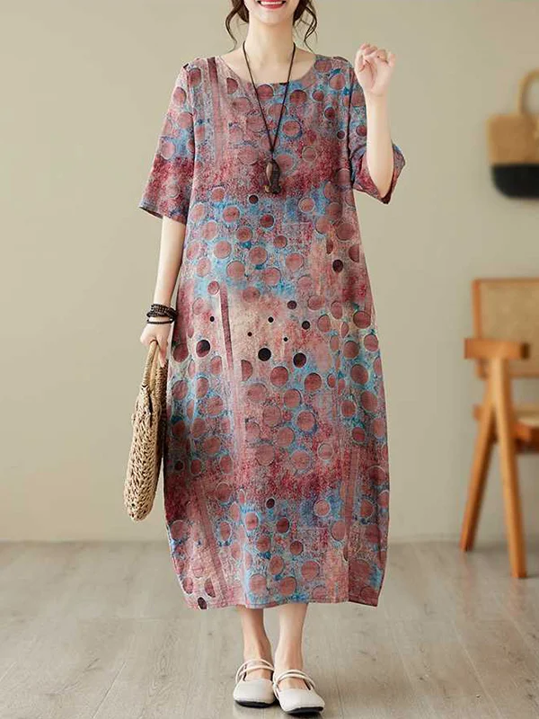 Half Sleeves Loose Contrast Color Polka-Dot Printed Round-Neck Midi Dresses