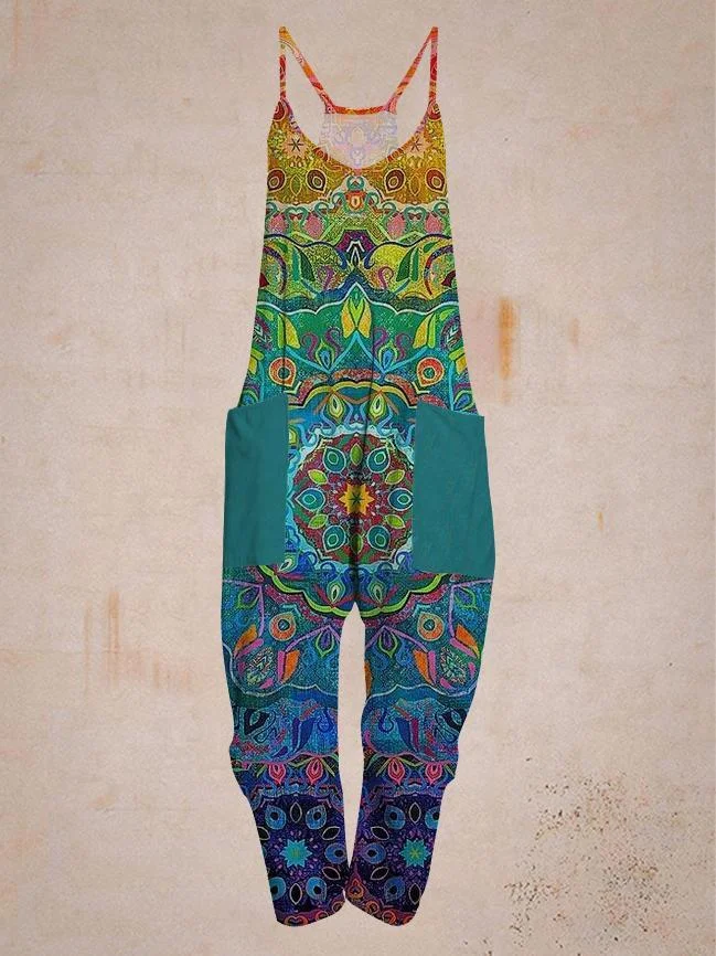 Casual color mandala print comfortable pocket jumpsuit