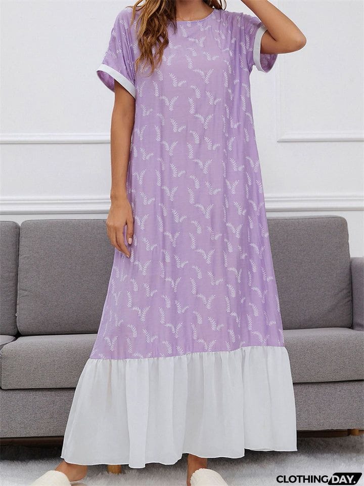 Round Neck Printed Contrast Color Long Dresses