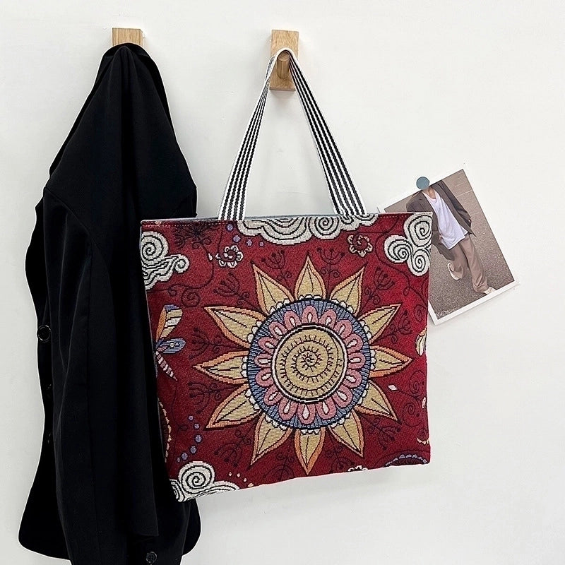 Women’s Medium Canvas Geometric Vacation Ethnic Style Zipper Canvas Bag