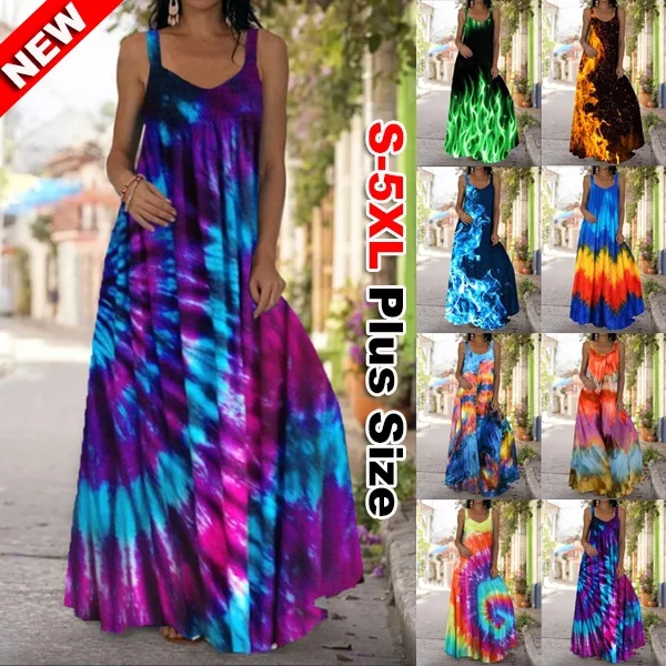 Summer Tie-dye 3D Printed Dress Bohemian Off The Shoulder Mopping Dress Plus Size S-5XL