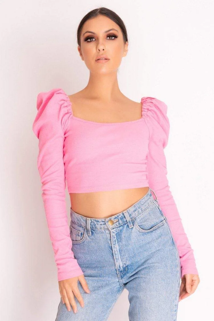 Pink Puff Shoulder Crop Top Katch Me