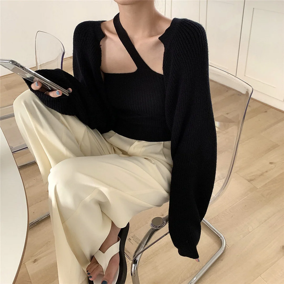 Cardigan Women Open Stitch Short Knitted Solid Lantern Sleeve Vintage Retro Korean Style Chic Streetwear Simple All-match Casual
