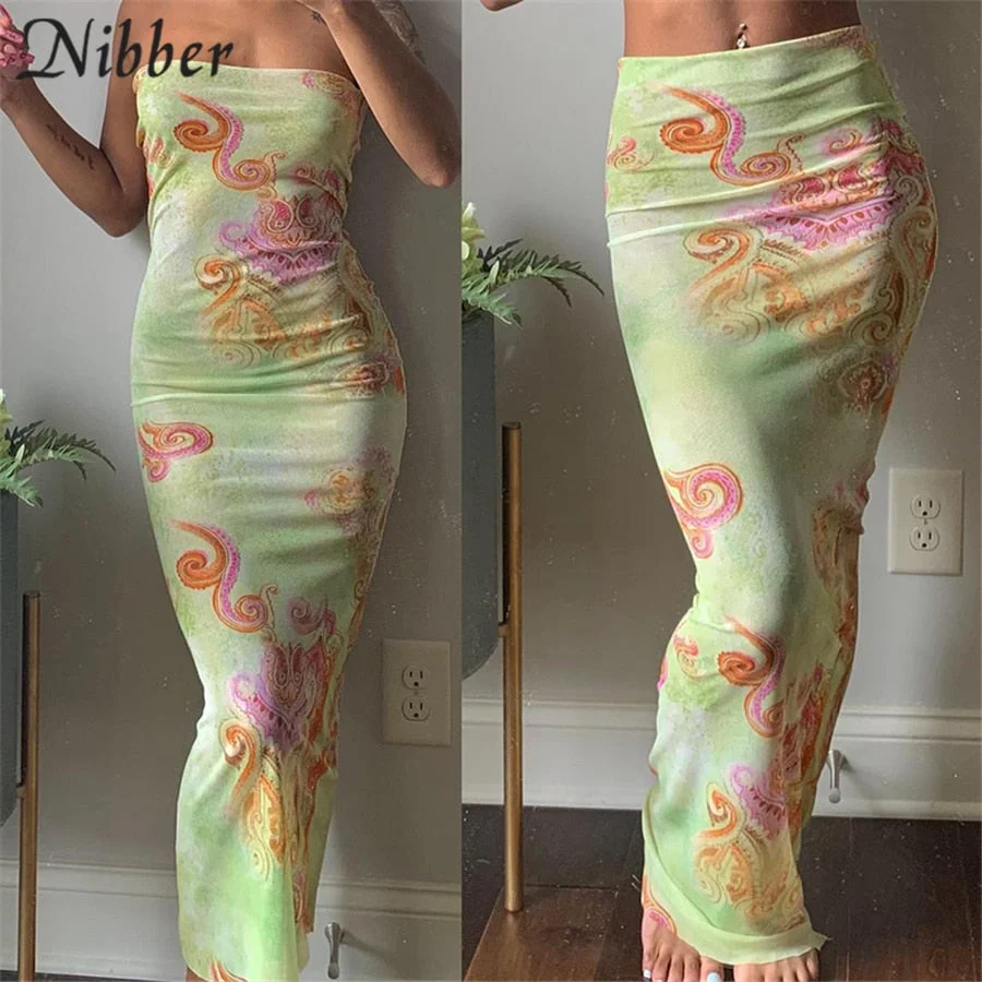 Nibber Summer Elegant Print Maxi Dress Women Strapless Sexy Mesh See Through Elastic Sleeveless Birthday Party Clubwear