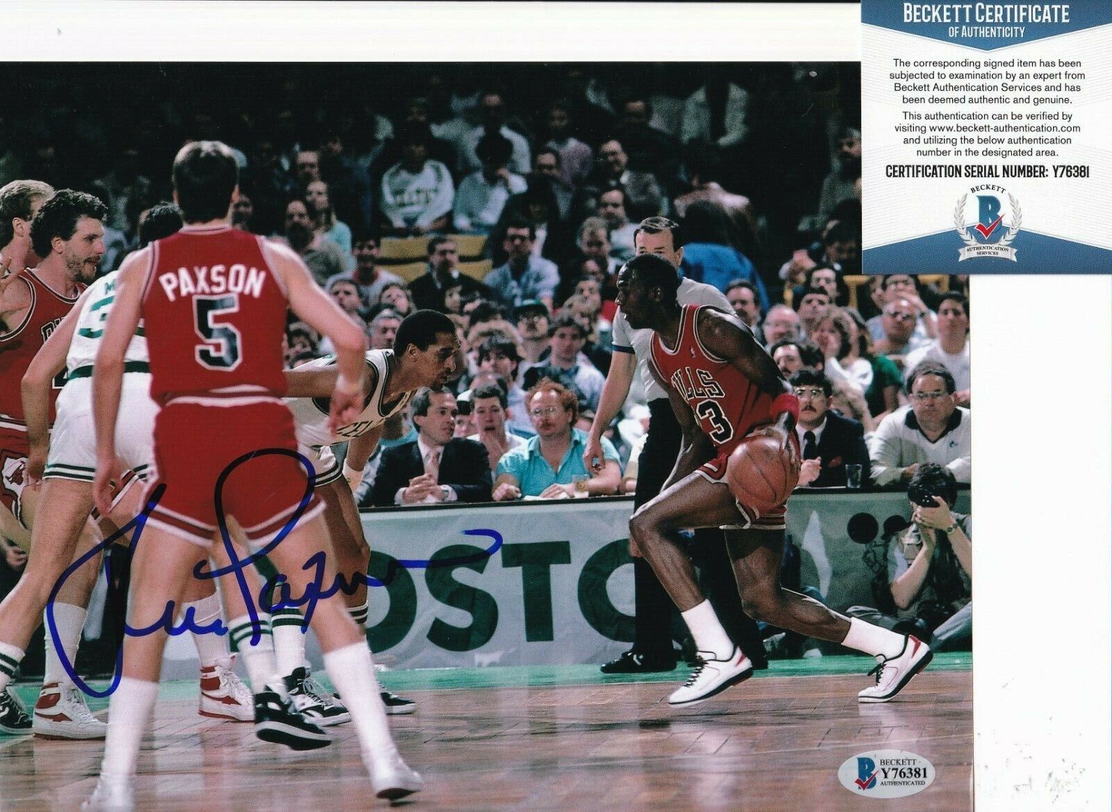 JOHN PAXSON signed (CHICAGO BULLS) Basketball #5 8X10 Photo Poster painting BECKETT BAS Y76381