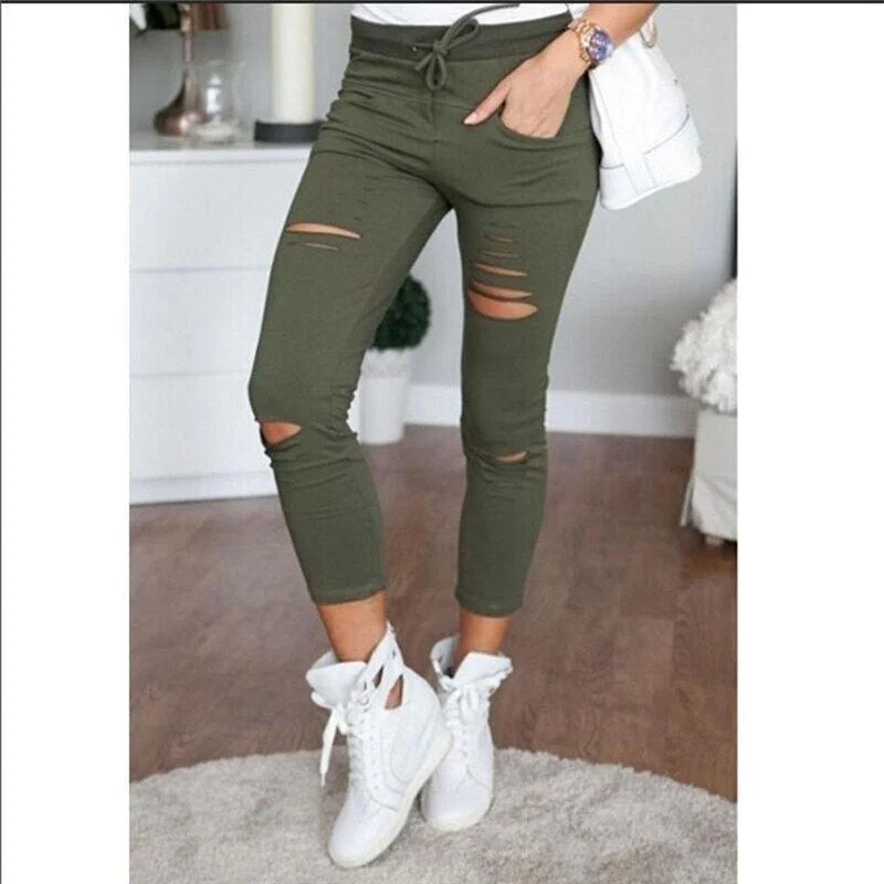 2020 Cargo Pants Women Fashion Slim High Waisted Stretchy Skinny Broken Hole Pencil Pants Solid Color Streetwear Trousers Womens