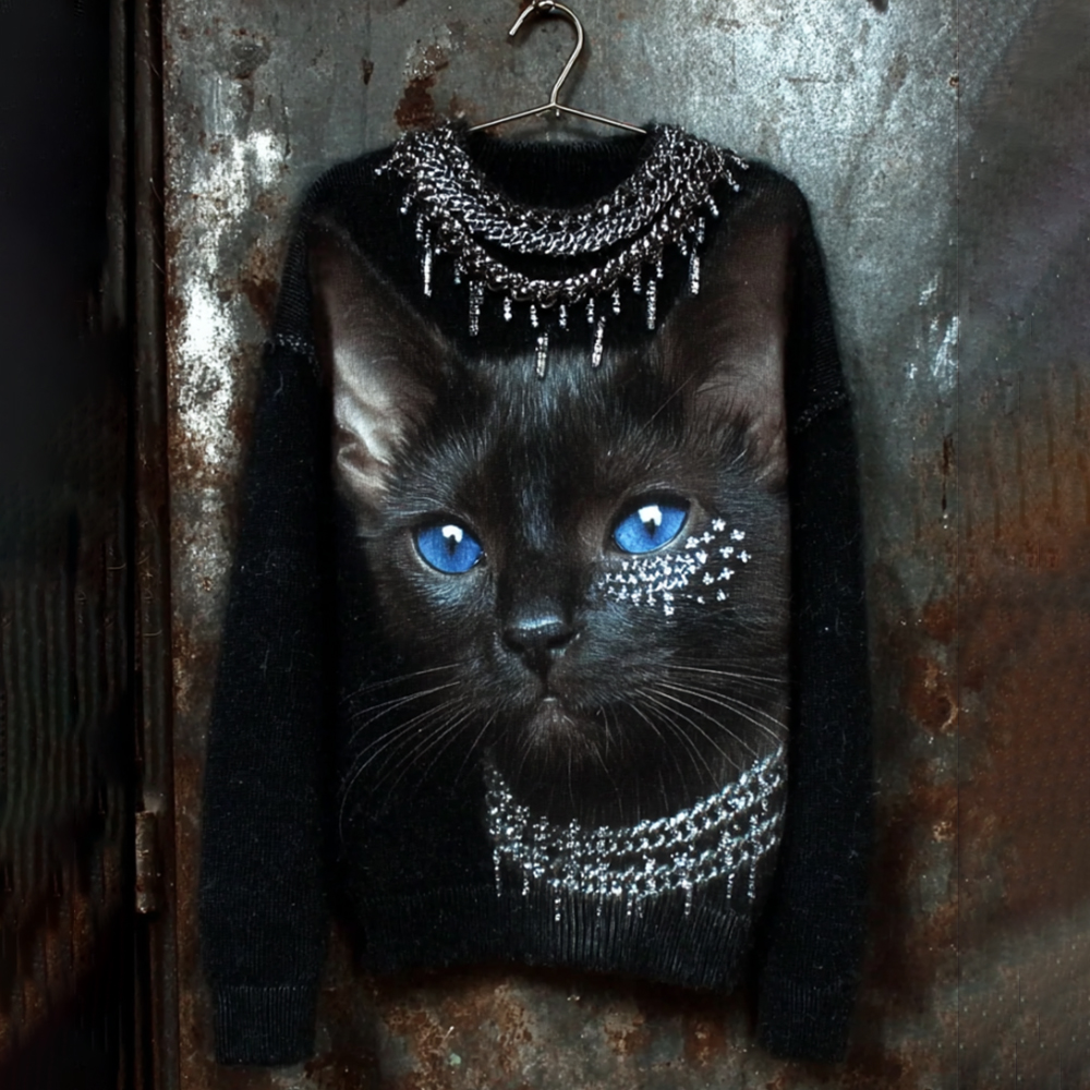 Black Cat Wearing Necklace Warm Round Neck Sweater elevenforest