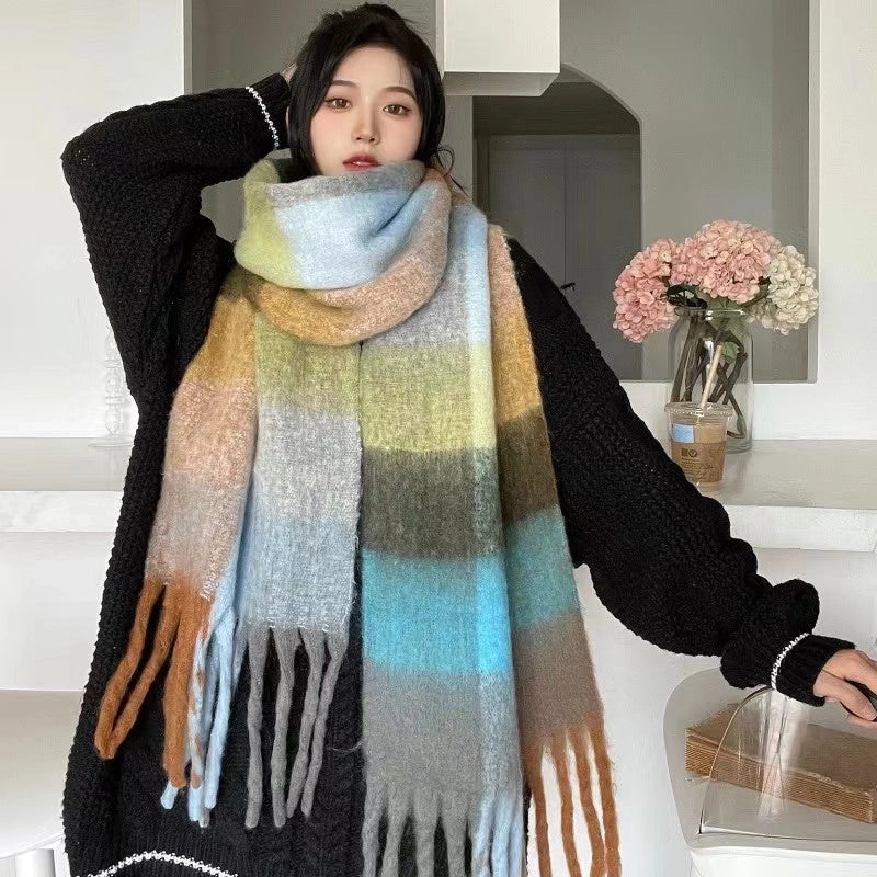 Rainbow Plaid Tassel Scarf For Women Autumn And Winter Famous Color Matching Cashmere Mohair Shawl Thickened Scarf