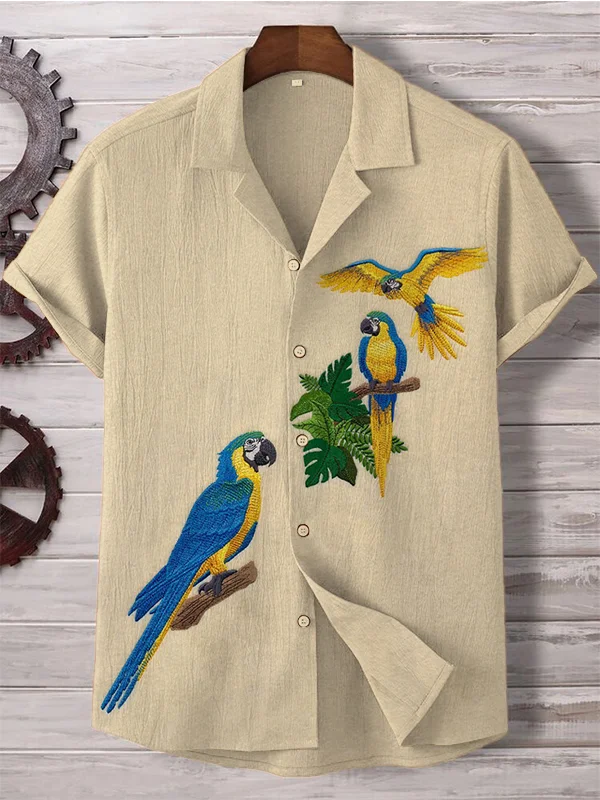 Men's Parrot Embroidery Art Printed Hawaiian Beach Shirt