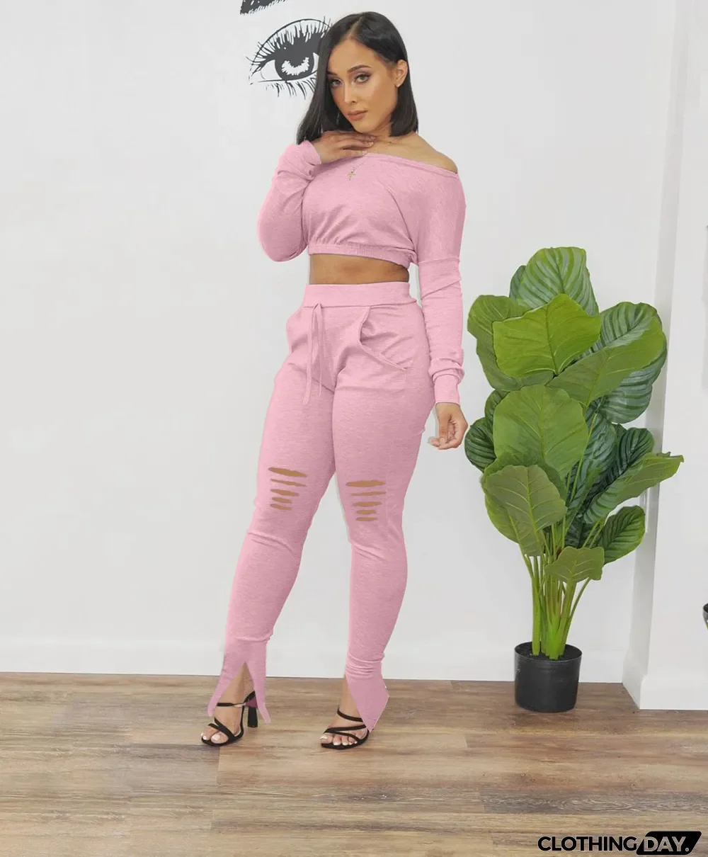 Solid Oblique Shoulder Long Sleeve 2 Piece Sets