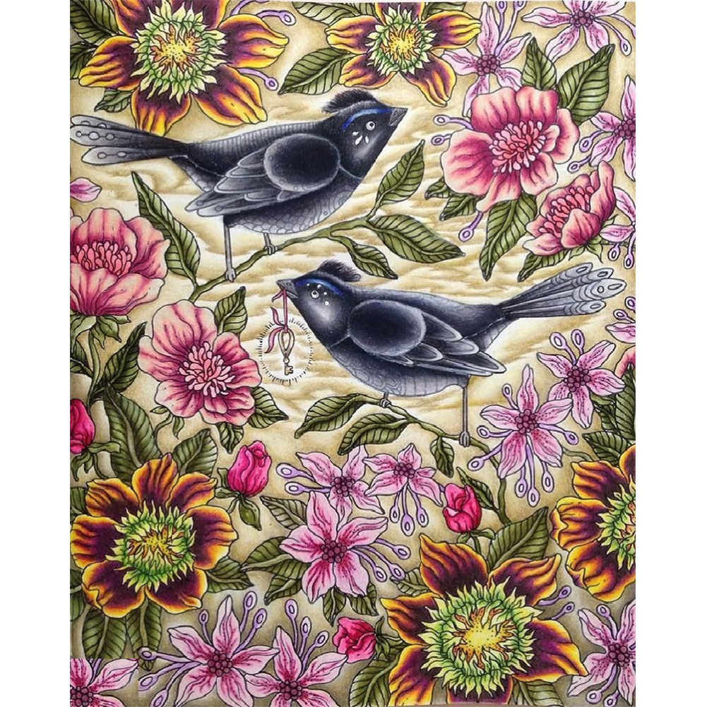 

30*40CM - Round Drill Diamond Painting - Bird Flowers, 501 Original