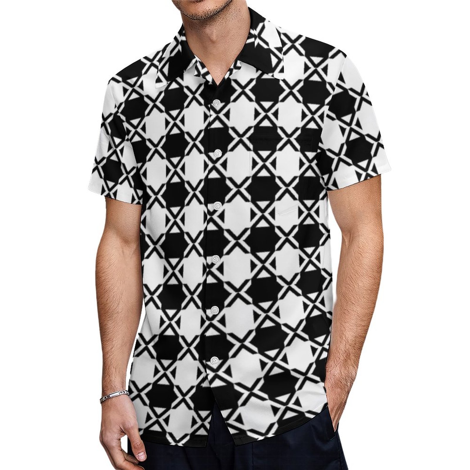 Fancy Gingham Xs Quilting Black White Squares Hawaiian Shirt Mens Button Down Tropical Hawaii Beach Shirts