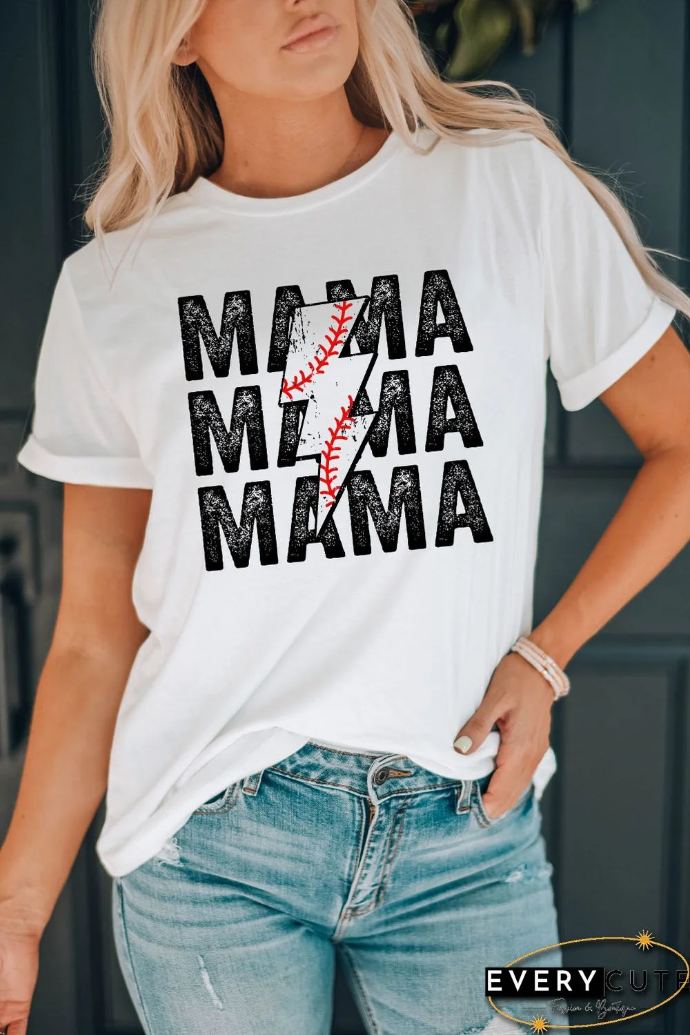 White MAMA & Lightening Graphic Round Neck Tee