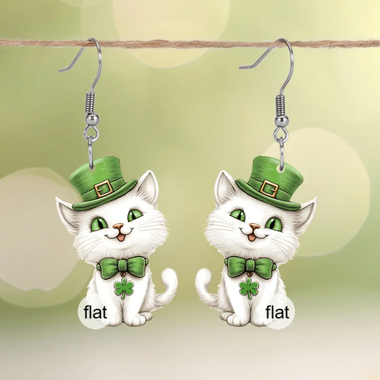 St. Patrick'S Day White Cat Earrings