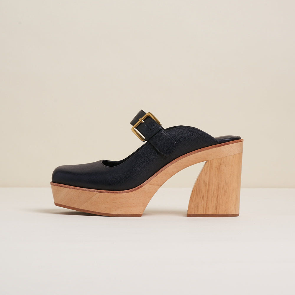 Black Vegan Leather Closed Toe Chunky Heel Platform Mules Nicepairs