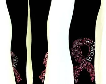 Pornhint Plus Size Full Length Leggings Embellished Rhinestone Hot Pink and Crystal Breast Cancer Hope Ribbon Design