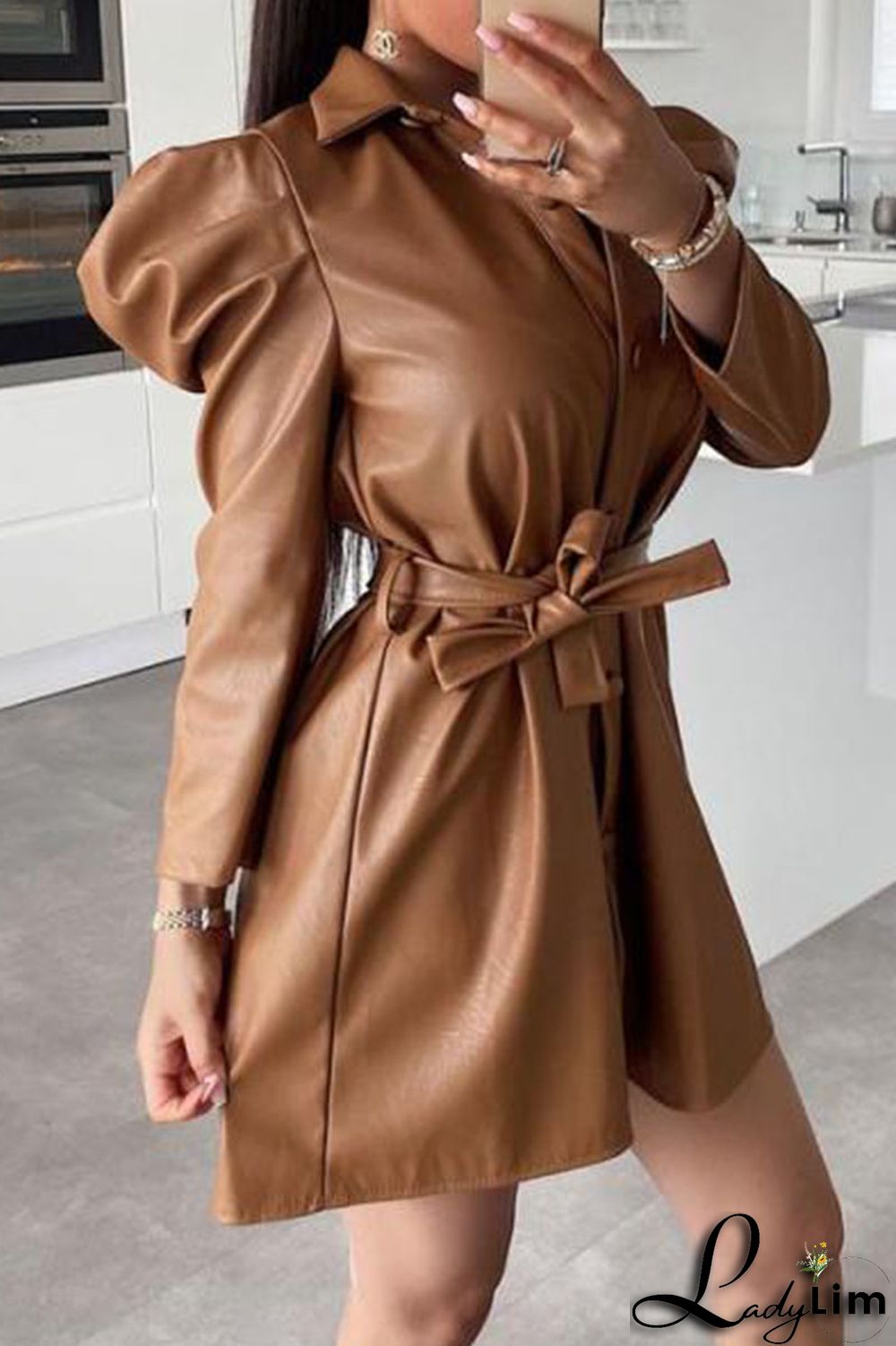 Khaki Fashion Casual Solid Split Joint Buckle Turndown Collar A Line Dresses