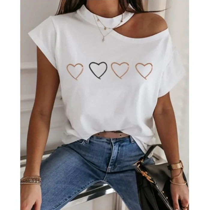 Cold Shoulder Heart Printed Casual T-Shirt