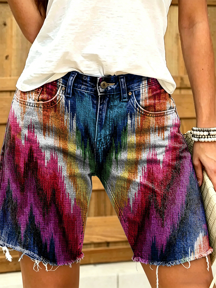 Women's Retro Colorful Art Print Casual Washed Cotton Denim Shorts