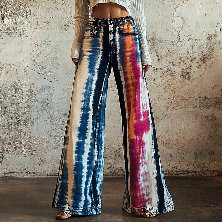 Vintage 90s Tie-dye Chain-decorated Denim Print Wide-leg Flared Trousers Casual Pants
