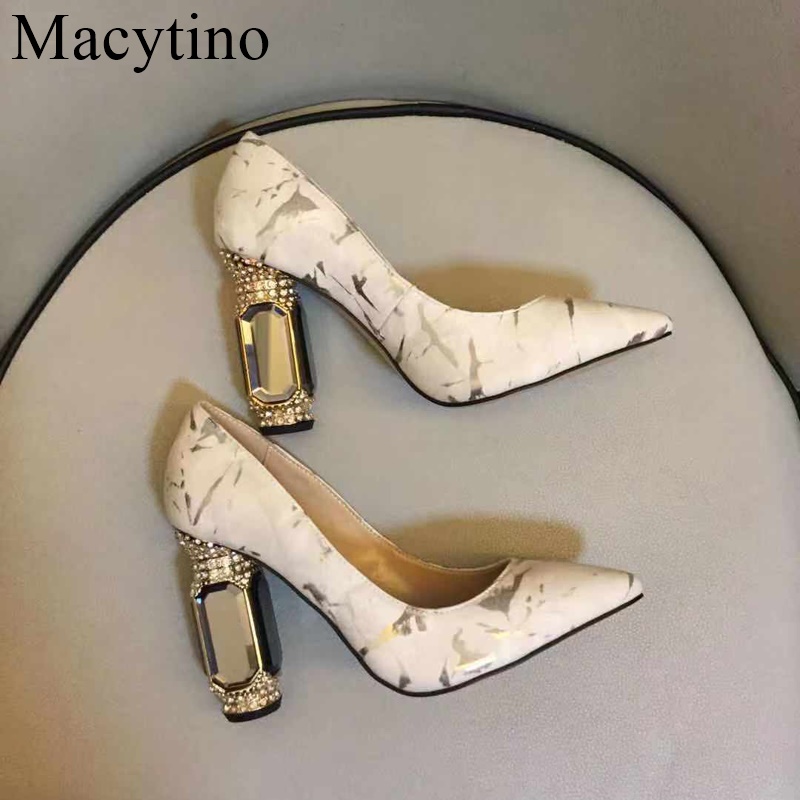 VCSHOES White Pointed Toe Shallow High Heels Glass Rhinestone Thick Heel Single Shoes Simple All-match Women's Shoes