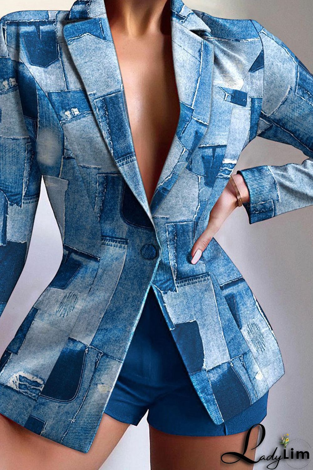 Camel Casual Print Patchwork Buttons Turn-back Collar Long Sleeve Two Pieces