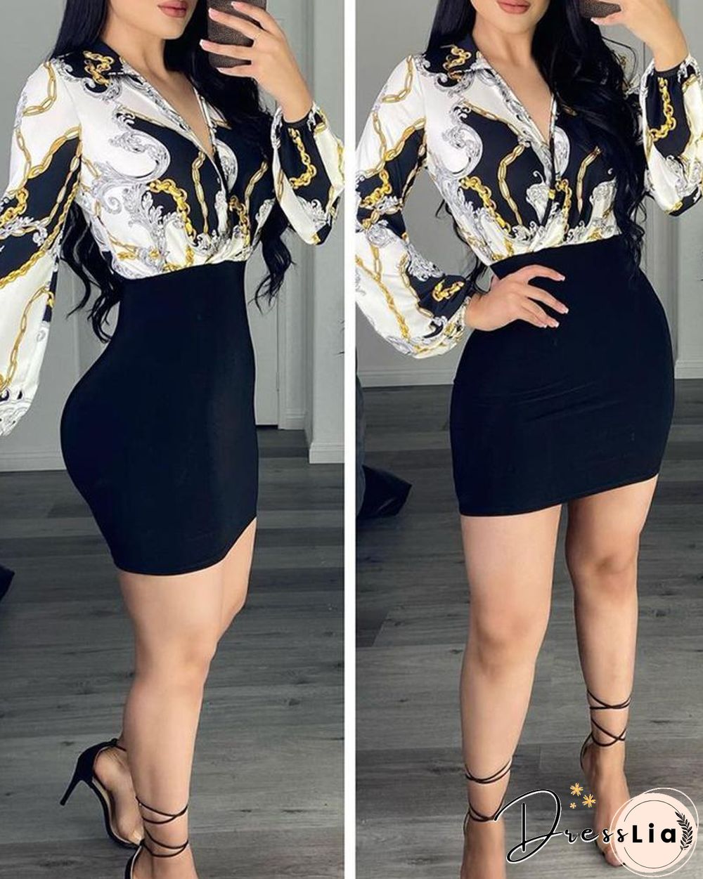 Scarf Chain Print Lantern Sleeve Wrap Dress P14535