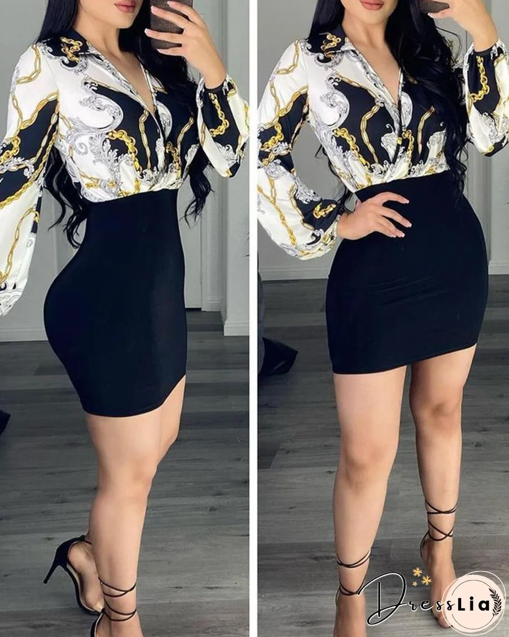 Scarf Chain Print Lantern Sleeve Wrap Dress P14535