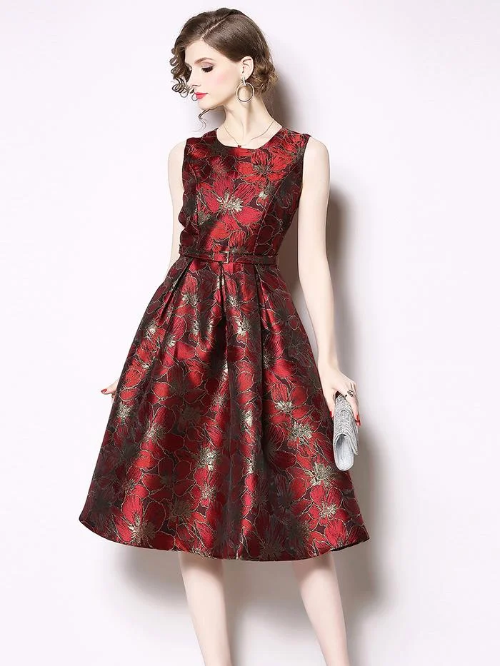 Retro Sleeveless Jacquard Dress Slim A-line Skirt