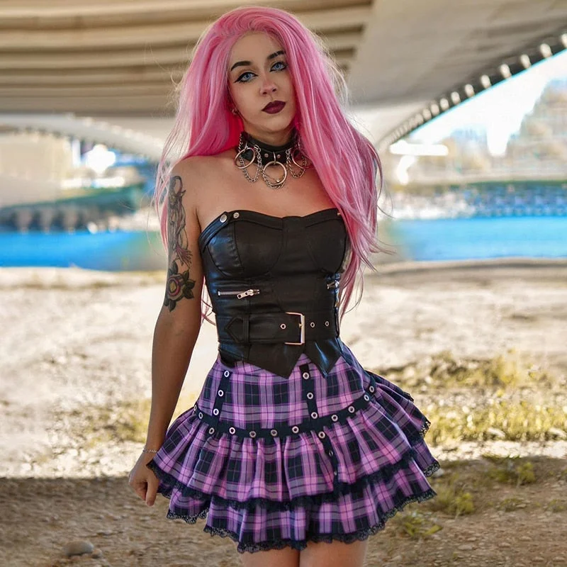 InsGoth Punk Y2K Purple Mini Skirt Mall Goth High Waist Plaid Pleated Skirts Harajuku E Girl Techwear  Lace Trim A Line Skirt