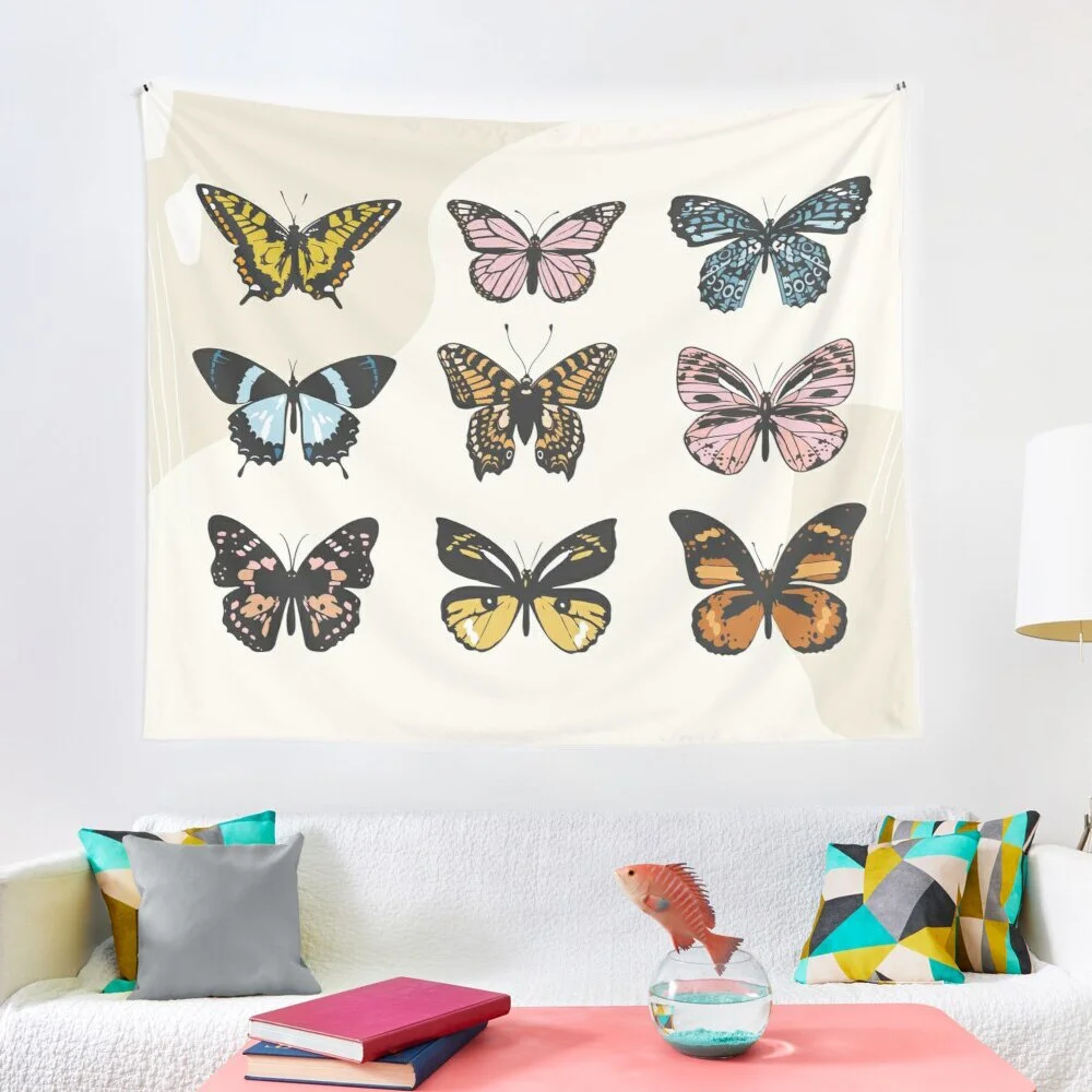 Butterfly Tapestry Wall Hanging - Vintage Beige Tapestry Wall Blanket Black Butterfly Room Decor for Bedroom Living Room Dorm