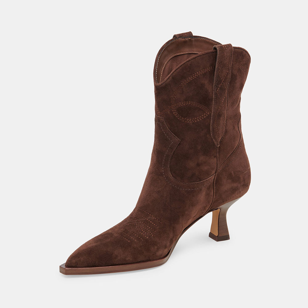 Brown Vegan Suede Pointed Toe Flared Heel Cowgirl Boots for Women Nicepairs