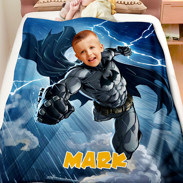 Custom Flying Bat Boy Blankets Personalized Face & Name Hero Blanket Gifts For Boys artswardrobe