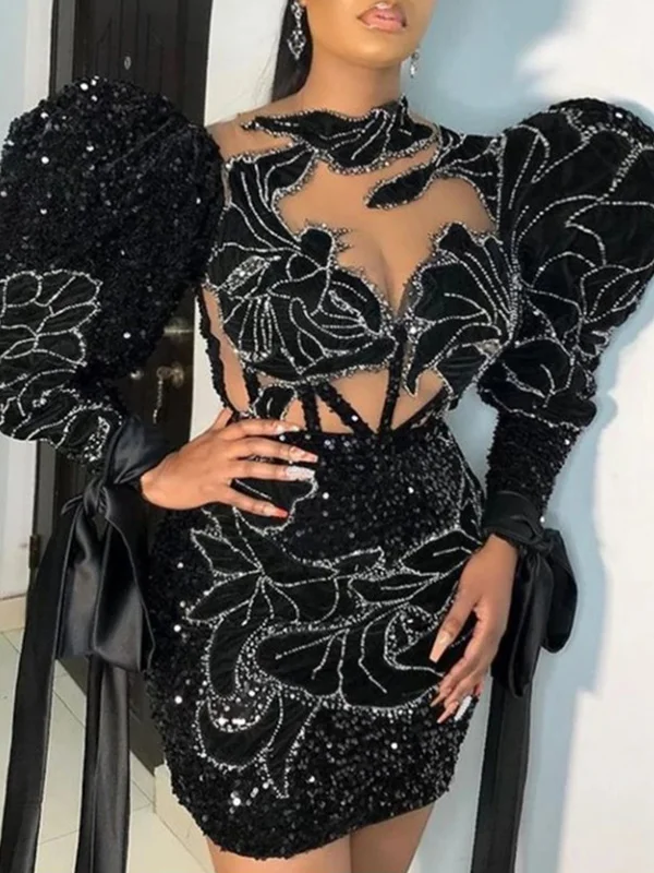 Fashion Puff Sleeve Sequined See-Through Black Evening Mini Dress