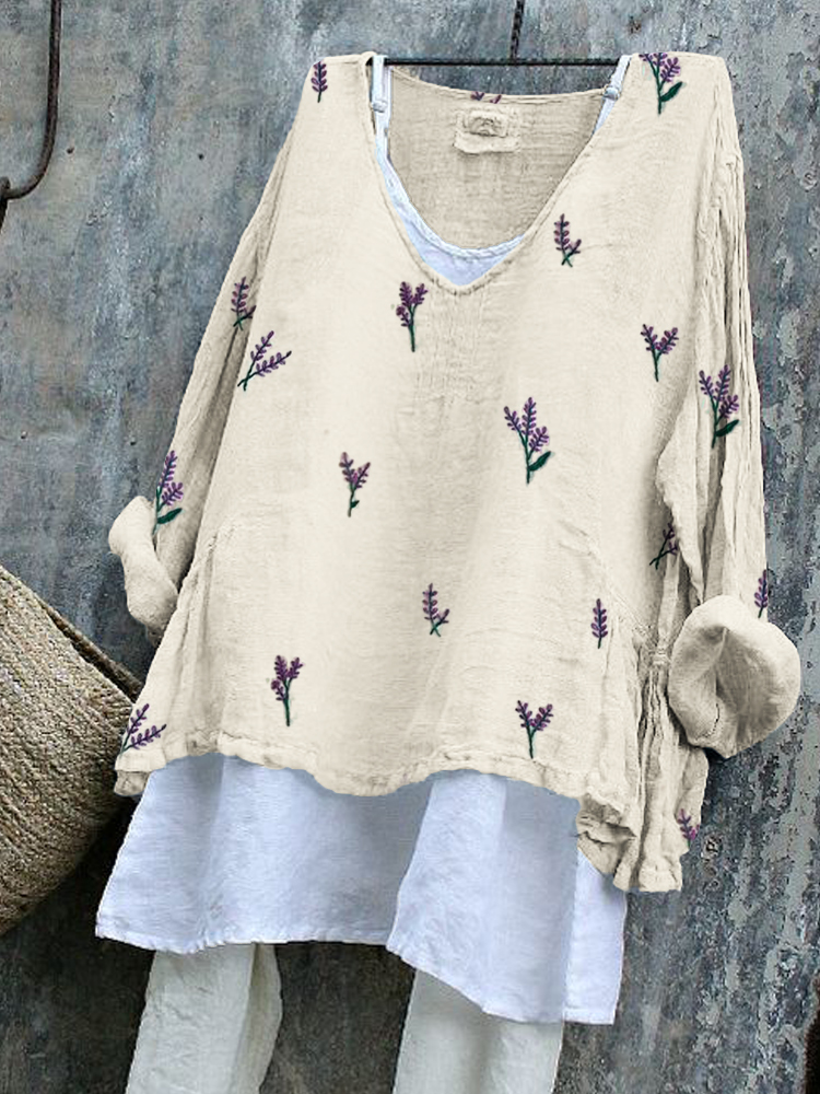 Comstylish Lavender Floral Embroidery Pattern Linen Blend Tunic