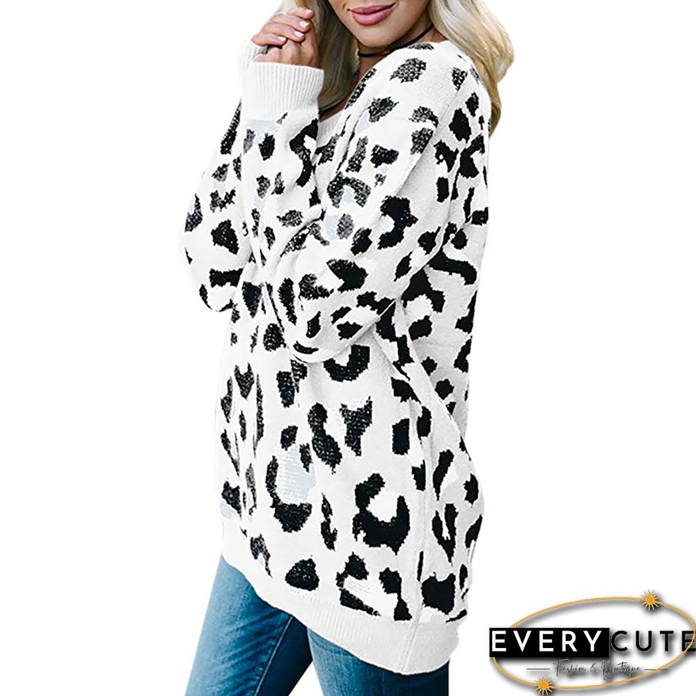 White Leopard Print V Neck Pullover Sweater