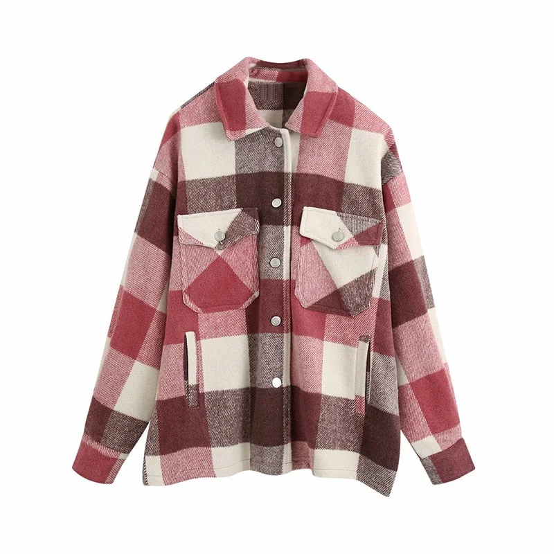 Vintage Stylish Pockets Oversized Plaid Jacket Coat Women 2021 Fashion Lapel Collar Long Sleeve Loose Outerwear Chic Tops