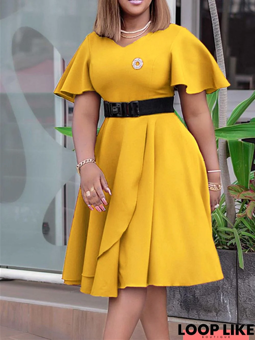 Flare Sleeve V-Neck Solid Color Dress