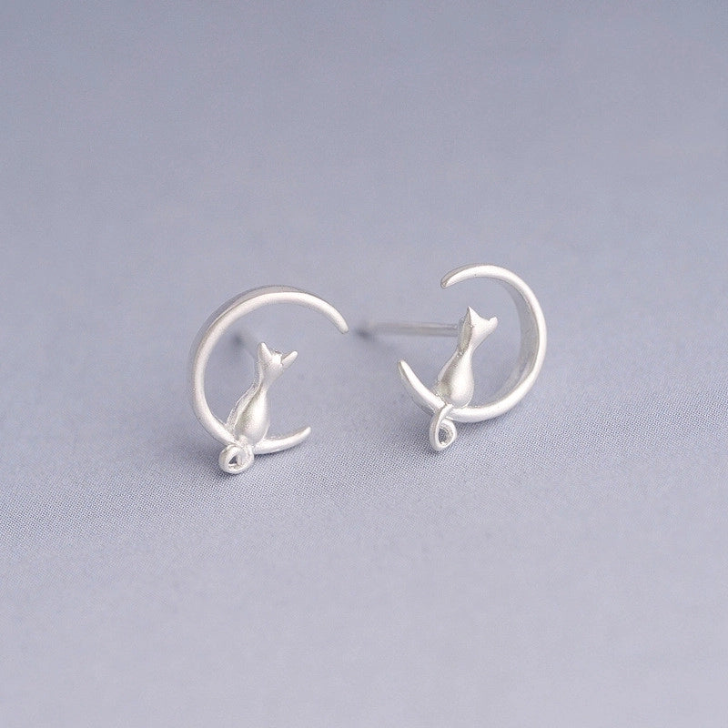 1 Pair 925 Sterling Silver Moon Cat Ear Studs
