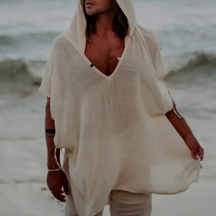 Men's Linen Simple Holiday Solid Hooded T-Shirt 3b22
