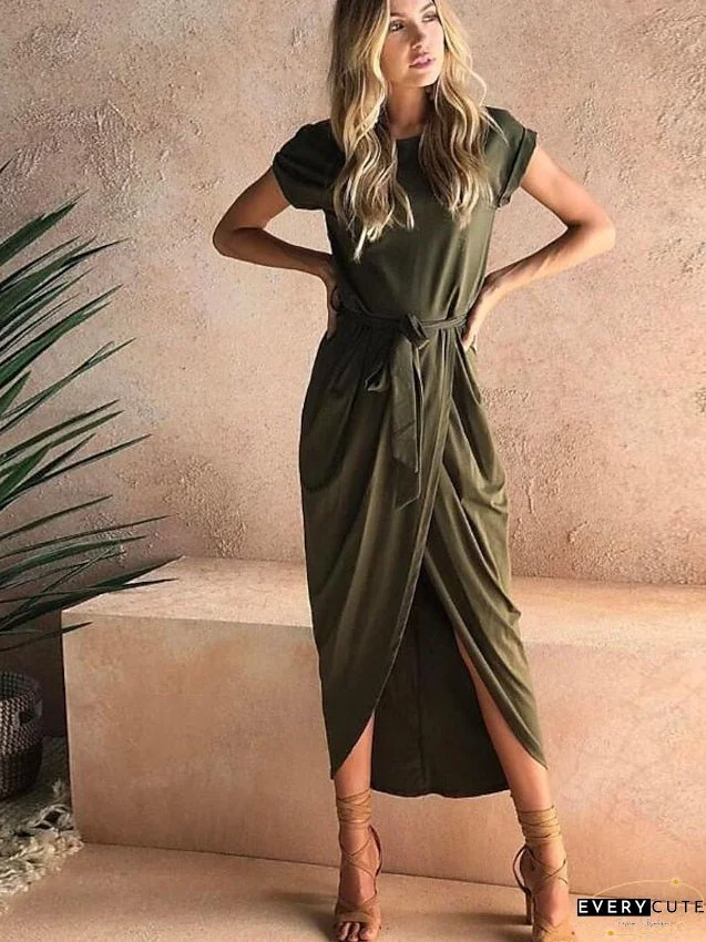 Casual Dress Sheath Dress Midi Dress Black Pink Army Green Short Sleeve Solid Color Patchwork Summer Spring Round Neck Vintage Slim S M L XL XXL 3XL for Women