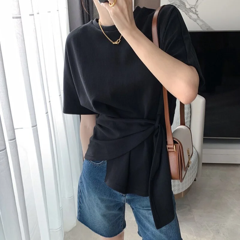 Bornladies Women Summer Irregular T-Shirt Bottoming Solid Fashionable 2021 Korean Style Lace Up Lady Loose Lacing Short Tops