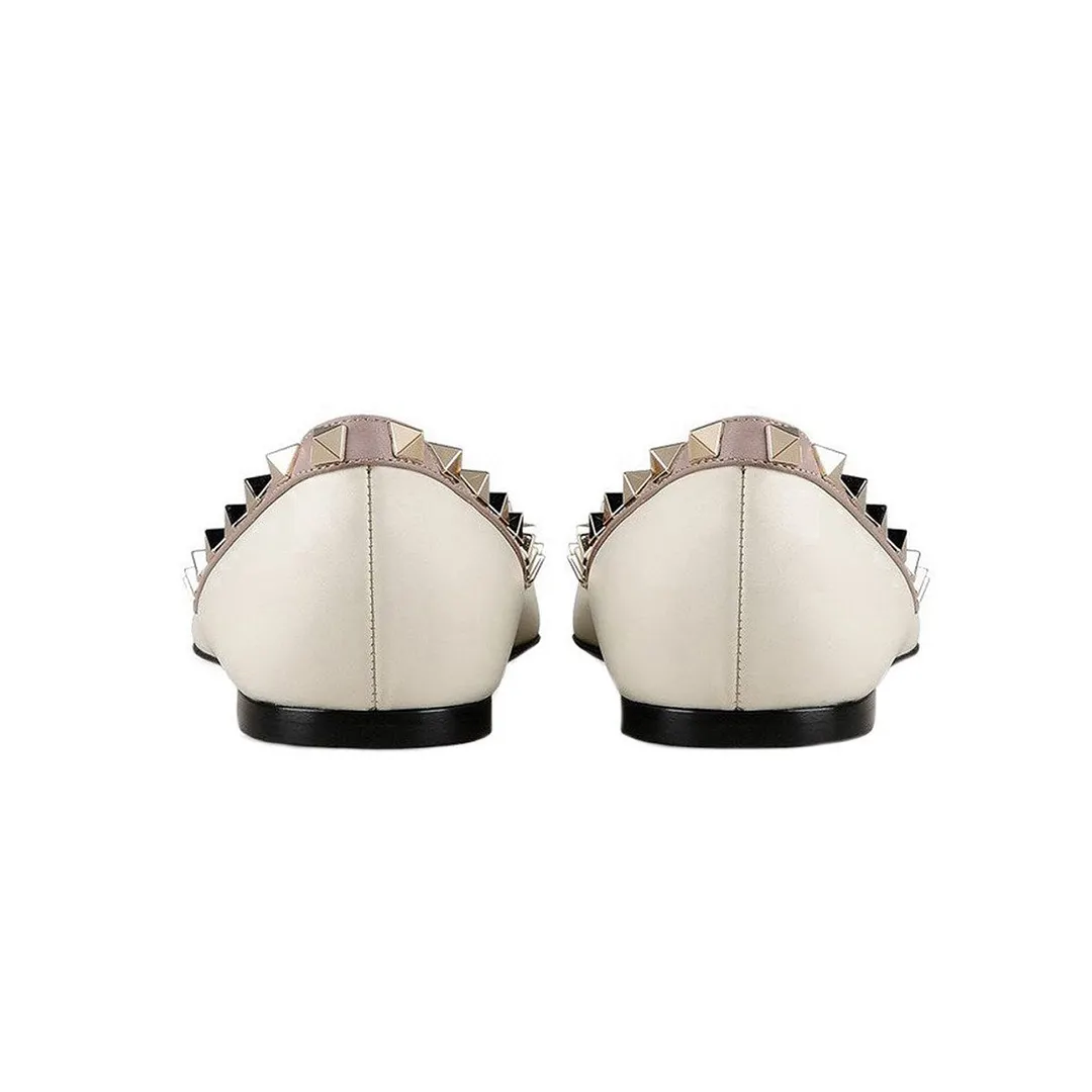 Pointed Toe Flats For Women Fashion Rivets Comfort Ballet Flats White Shoes-vocosishoes