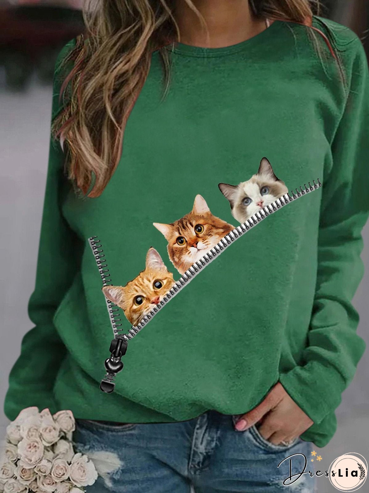 Women's T-Shirts Zip Cat Print Round Neck Long Sleeve T-Shirt