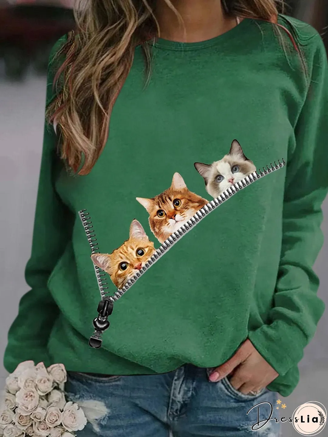 Women's T-Shirts Zip Cat Print Round Neck Long Sleeve T-Shirt