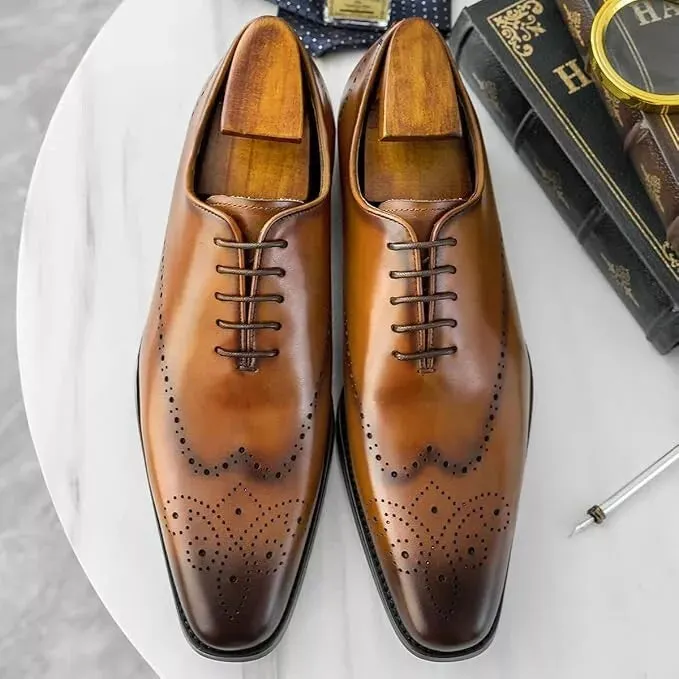 Men's Brown Leather Wingtip Brogue Dress Shoes