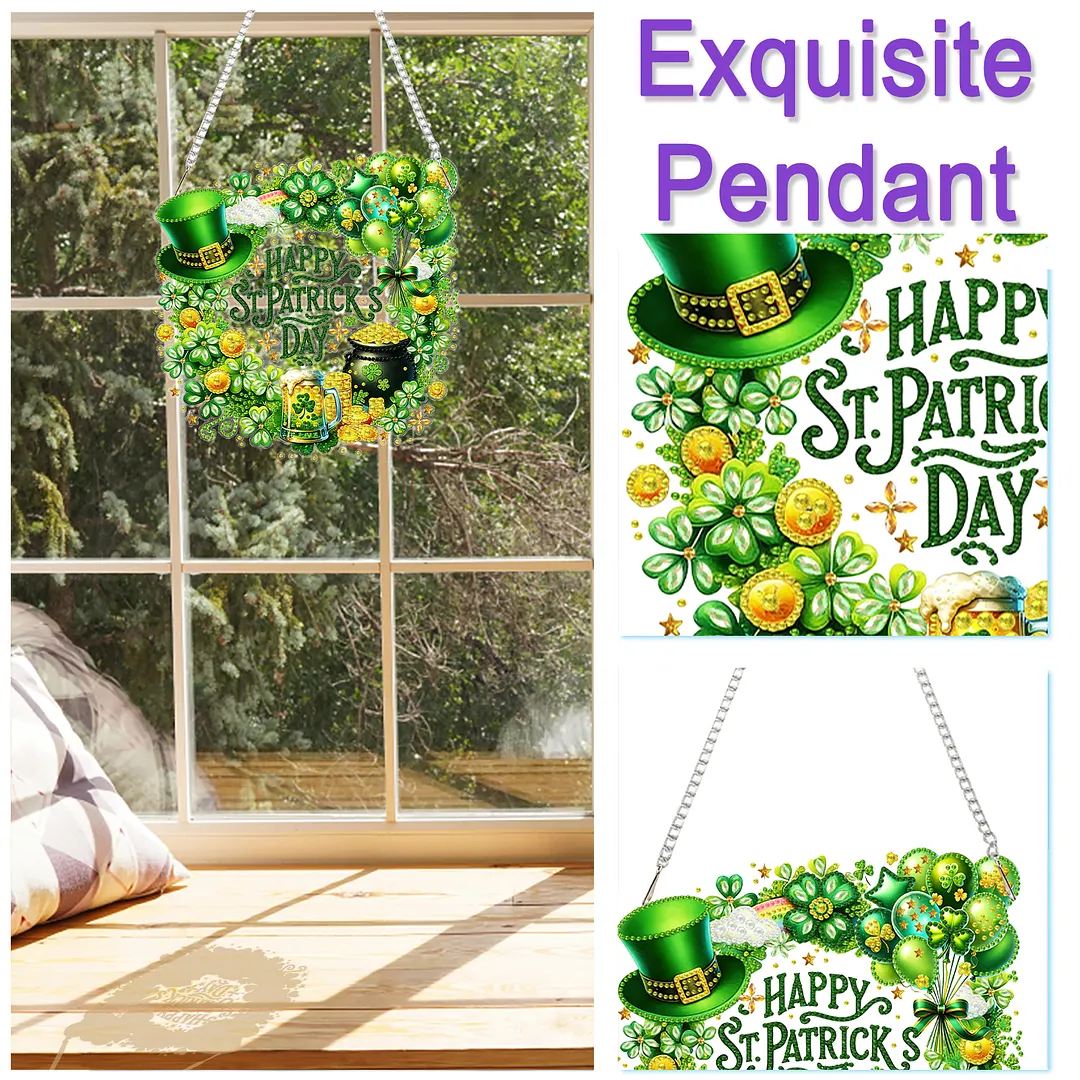 St Patricks Wreath DIY 2D Flat Acrylic Diamond Painting Kits 5D Diamond Art Painting Window Pendants for Home Garden Wall Decoration