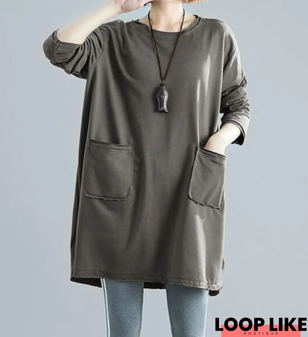 Pure Color Knitted Raw Edge Patch Pocket Casual Round Neck Long Sleeve Dress